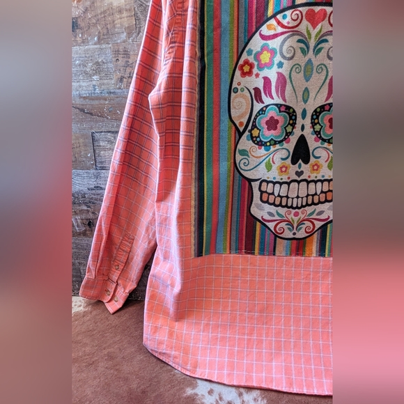 Upcycled Dip Dyed Bleached Button Down Shirt With Sugar Skull - Picture 6 of 13